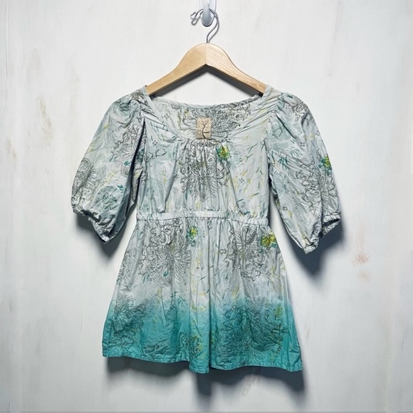 Gramicci Boho Empire Blouse Turquoise Ombre Dip-Dye Floral Print Eyelet, XS - Picture 1 of 6